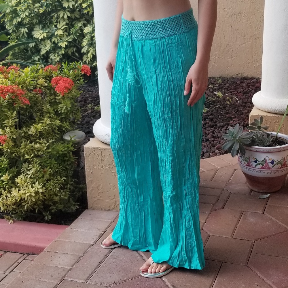 TURQUOISE CRINKLE PANTS WITH CROCHET BAND